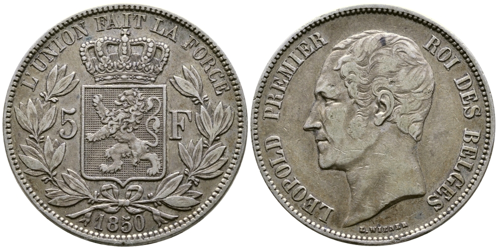 Бельгия 5 франков 1850 Леопольд I (1831-1865) KM 17 серебро 00-1067-9-41