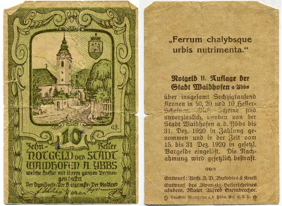 ВАЙДХОФЕН НА ИБСЕ, АВСТРИЯ 10 ГЕЛЛЕРОВ 1920 НОТГЕЛЬД бумага 445-46-1-1