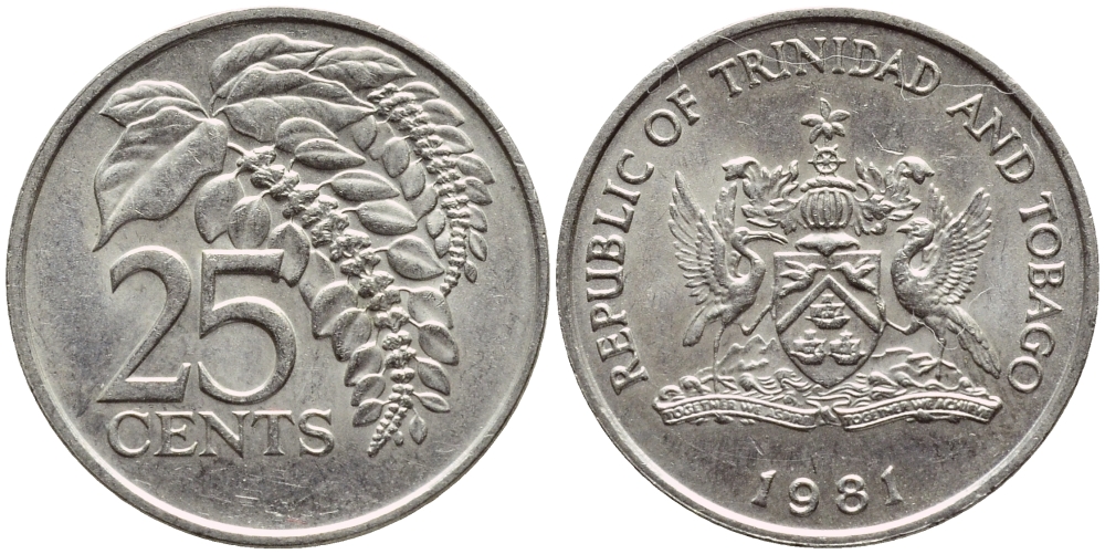 Тринидад и Тобаго 25 центов 1981 цветок дикая пуансеттия KM 32 медно-никель 4396-764