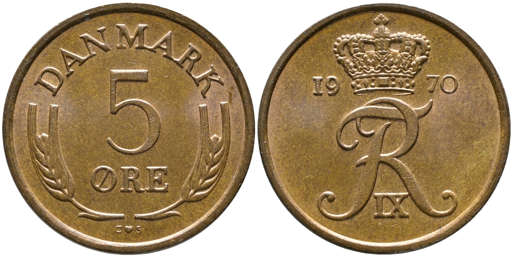 ДАНИЯ 5 ЭРЕ 1970 C; S, ФРЕДЕРИК IX (1947-1972) KM 848.1 бронза 28-1055