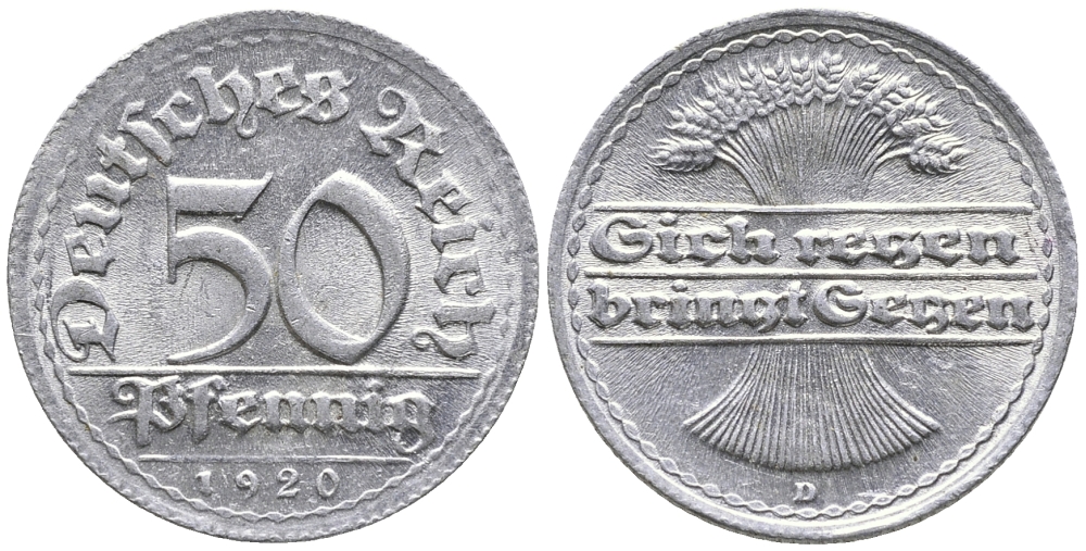 ГЕРМАНИЯ 50 ПФЕННИГОВ 1920 D KM 27, J. 301 алюминий 24-942