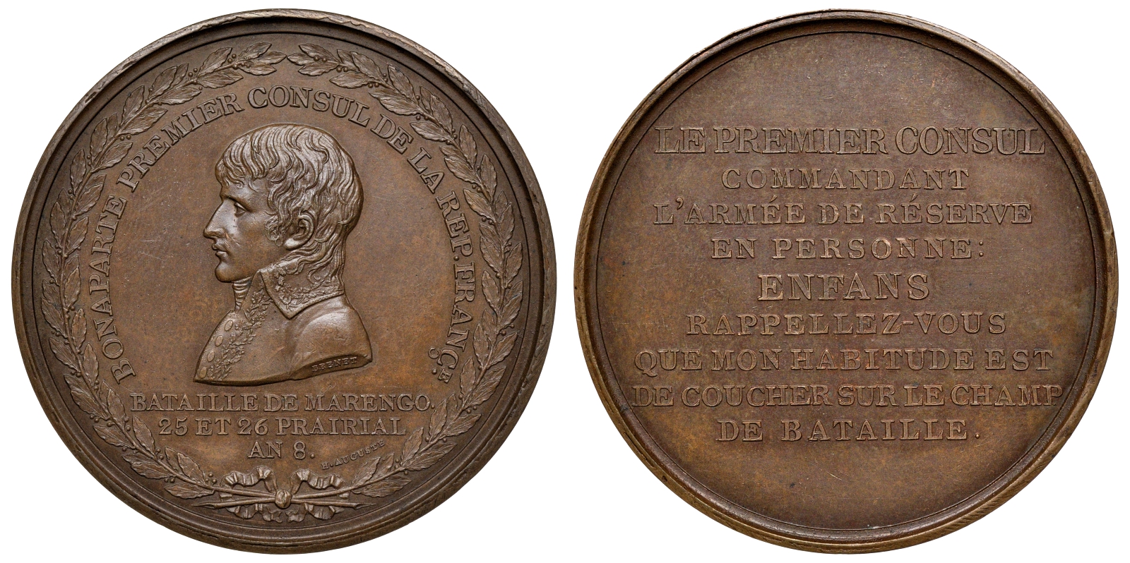 Франция медаль 1800 (AN 8) Наполеон Бонапарт, битва при Маренго, 49,8 мм Bramsen 38 бронза UNC 00-00