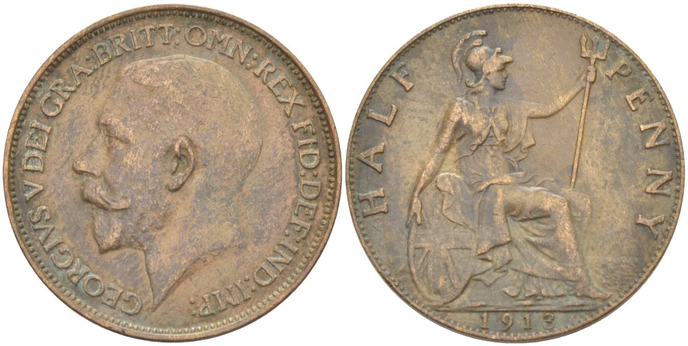 Великобритания 1/2 пенни 1913 Георг V (1910-1936) KM 809, Spink 4056 бронза 4523-341