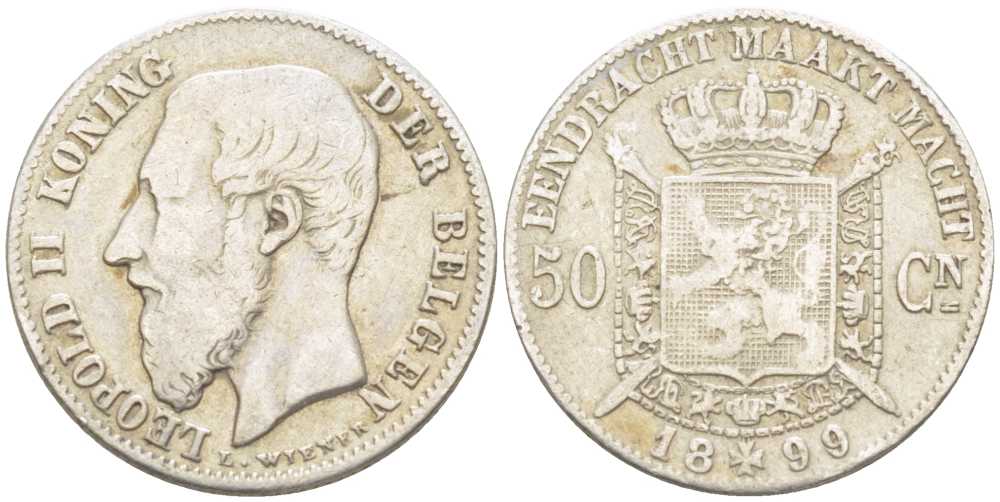 БЕЛЬГИЯ 50 САНТИМОВ 1899 ЛЕОПОЛЬД II (1865-1909) BELGEN KM 27 серебро VF 206-118