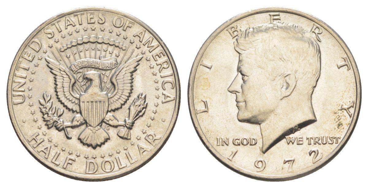США 1/2 доллара (50 центов) 1972 Джон Кеннеди KM 202b медь плакированная медно-никелем aUNC 4140-342