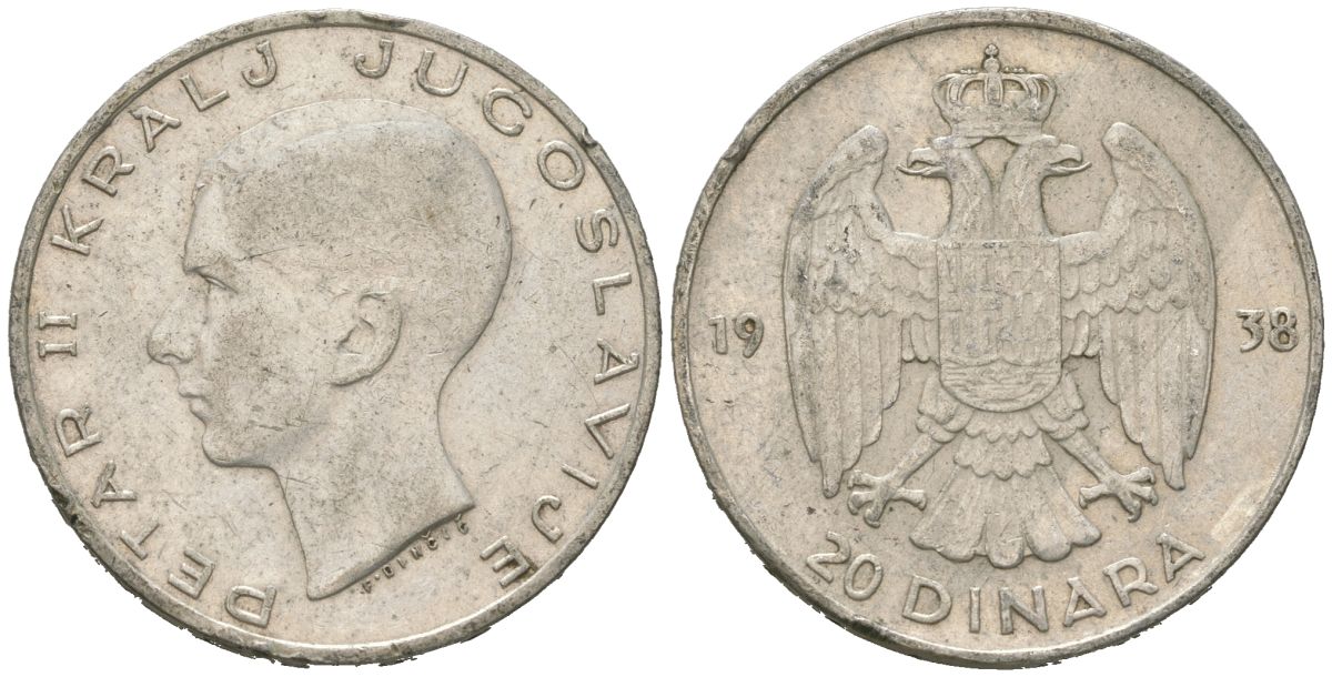 Югославия 20 динаров 1938 Петр II (1934-1945) KM 23 серебро 4182-452