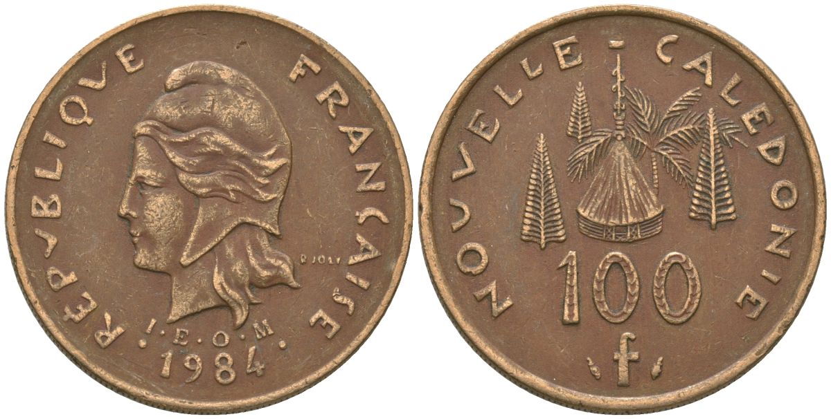 Французская Новая Каледония 100 франков 1984 хижина среди сосен и пальм, (IEOM) KM 15, Schoen 16, Lec 134 никель бронза 88-444