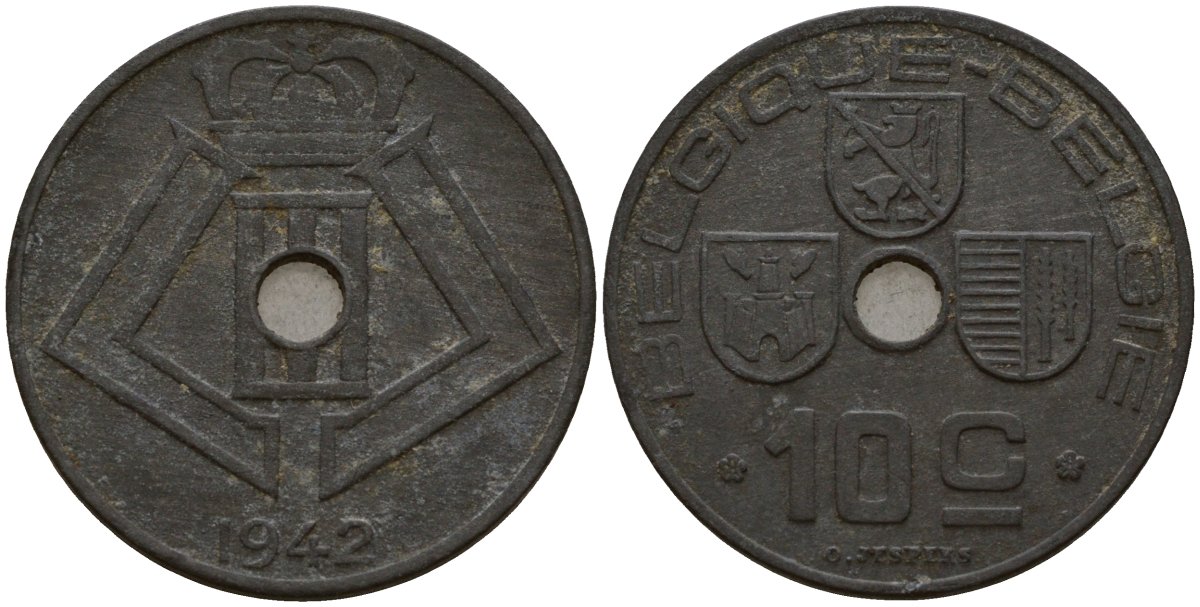 Бельгия 10 сантимов 1942 Belgique - Belgie, Леопольд III (1934-1947), германская оккупация, Вторая мировая война KM 125 цинк 4161-316