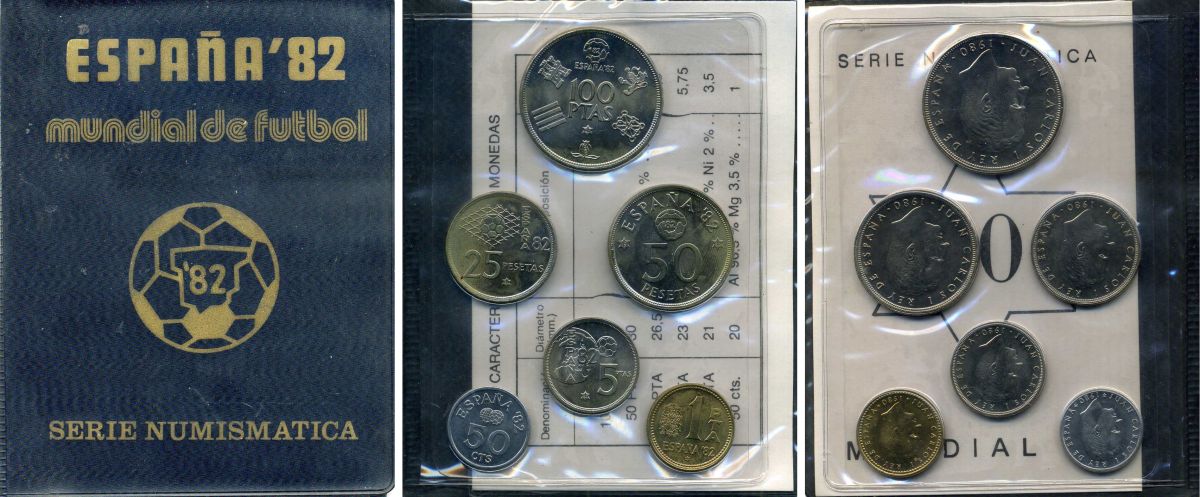 Испания официальный набор из 6 монет (50 сентимов; 1, 5, 25, 50 и 100 песет) 1980 чемпионат мира по футболу в Испании 1982 года KM MS11 (815, 816, 817, 818, 819 и 820) UNC 4-5-4-05