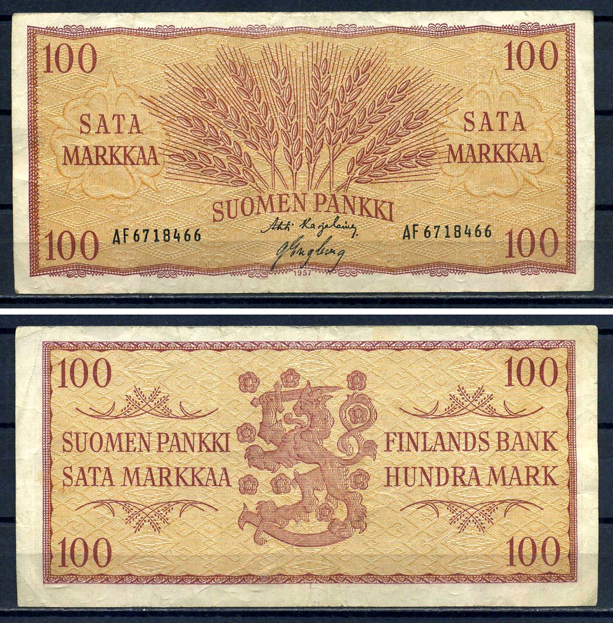 Финляндия 100 марок 1957 Pick 97 a (17) бумага 8592-7-1-1