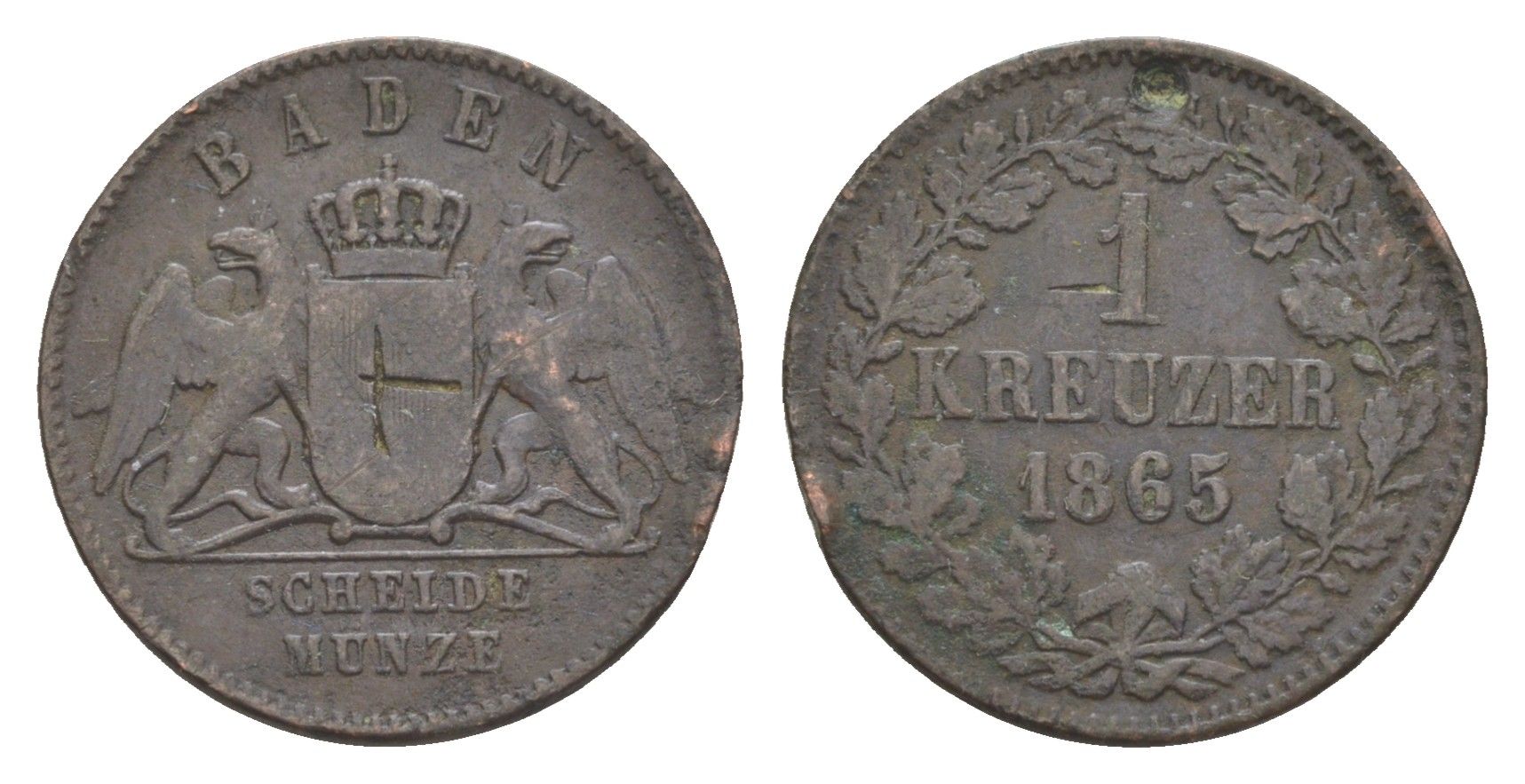 Баден 1 крейцер 1865 Фридрих I (1856-1907) KM 242 медь 4604-857