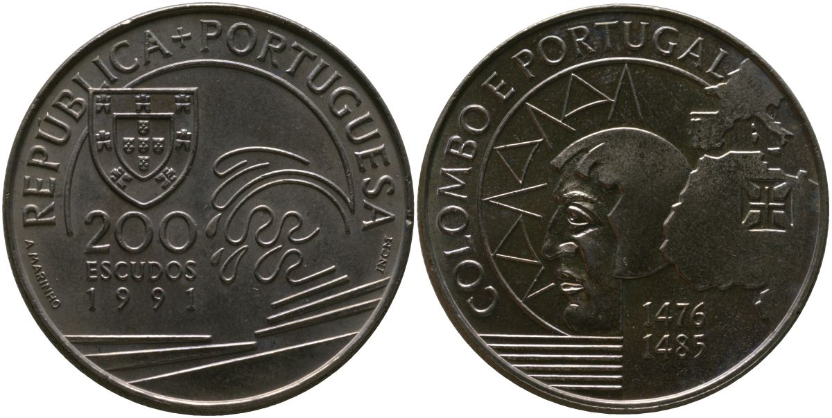 Португалия 200 эскудо 1991 INCM, Христофор Колумб в Португалии KM 658 медно-никель aUNC 118-421