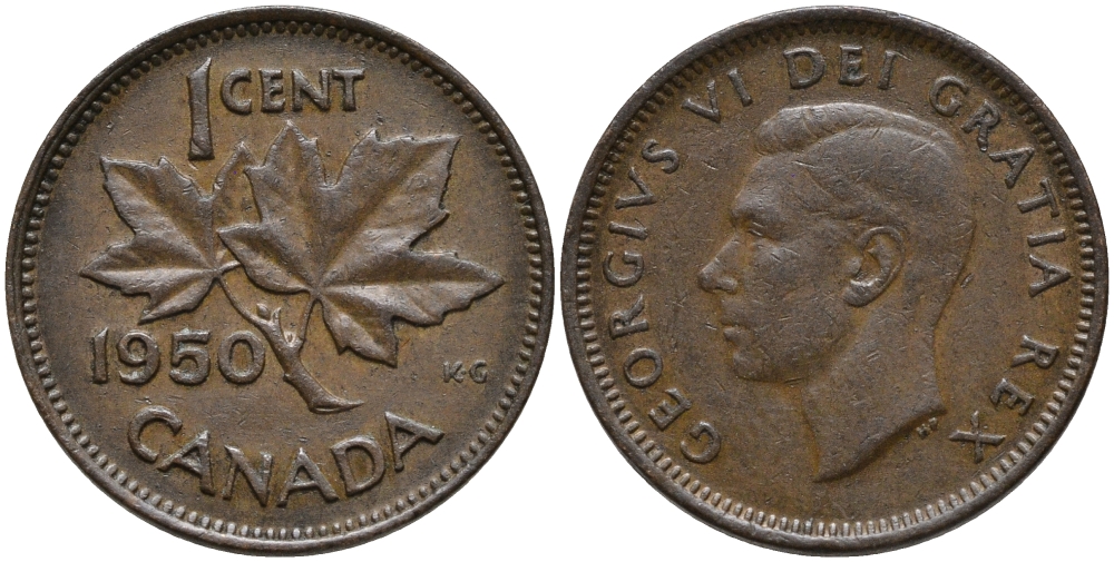 Канада 1 цент 1950 Георг VI (1937-1952), кленовый лист KM 41 бронза 220-761