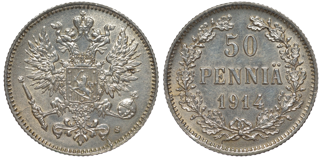 Россия для Финляндии 50 пенни 1914 S, Николай II (1894-1917) КМ 2.2, Биткин 405 серебро 75-942