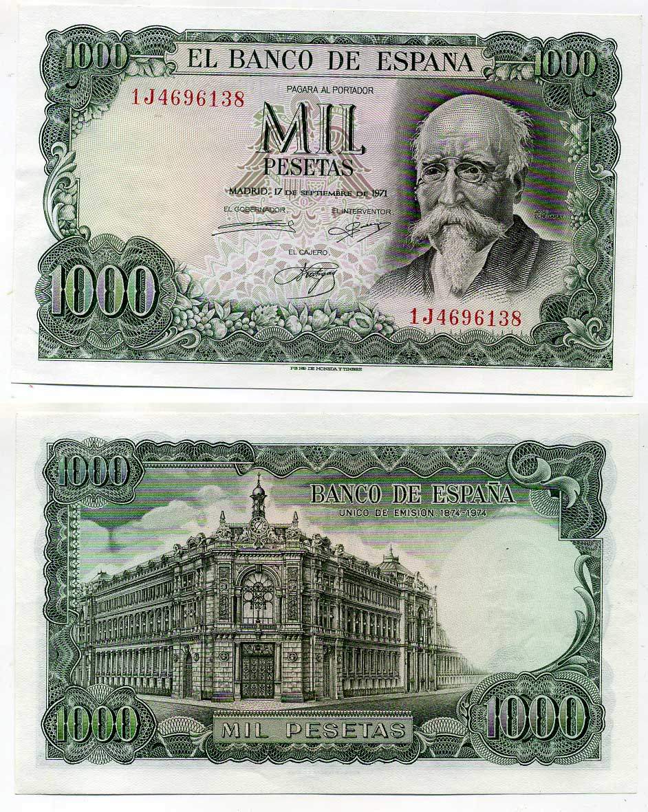 Испания 1000 песет 1971 (1974) Хосе Эчегерай-и-Эйсагирре, 100 лет со дня того, как Banco de España стал единственным банком-эмитентом (1874–1974) Pick 154 бумага UNC (пресс) 451-156-1