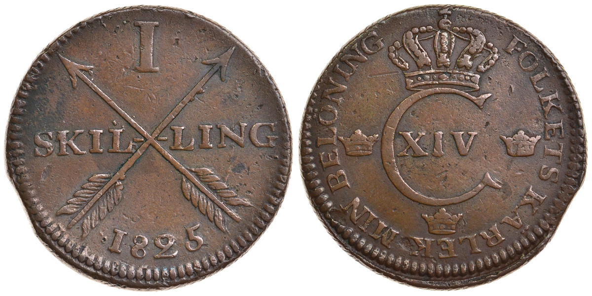 ШВЕЦИЯ 1 СКИЛЛИНГ 1825 KM 597 медь 4179-423