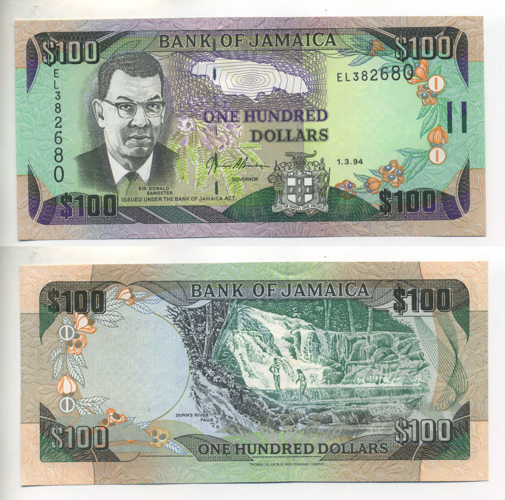 ЯМАЙКА 100 ДОЛЛАРОВ 1994 1 МАРТА 1994, СЭР ДОНАЛЬД СЕНГСТЕР, ПОДПИСЬ 12 Pick 76а бумага UNC (ПРЕСС) 7551-19-1-1