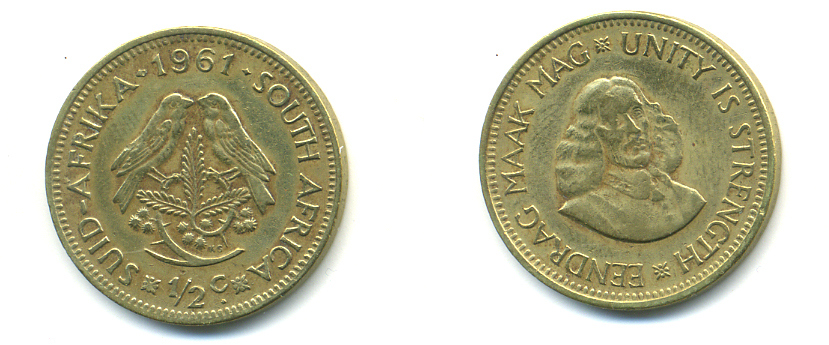 ЮАР 1/2 ЦЕНТА 1961 ЯН ВАН РИБЕК (1619-1677), ГОЛАНДСКИЙ ИССЛЕДОВАТЕЛЬ , МОРЕПЛАВАТЕЛЬ, ОСНОВАТЕЛЬ Г. КЕЙПТАУНА, ДВЕ ПТИЧКИ НА ВЕТКЕ С ЯГОДАМИ KM 56 латунь 83-122