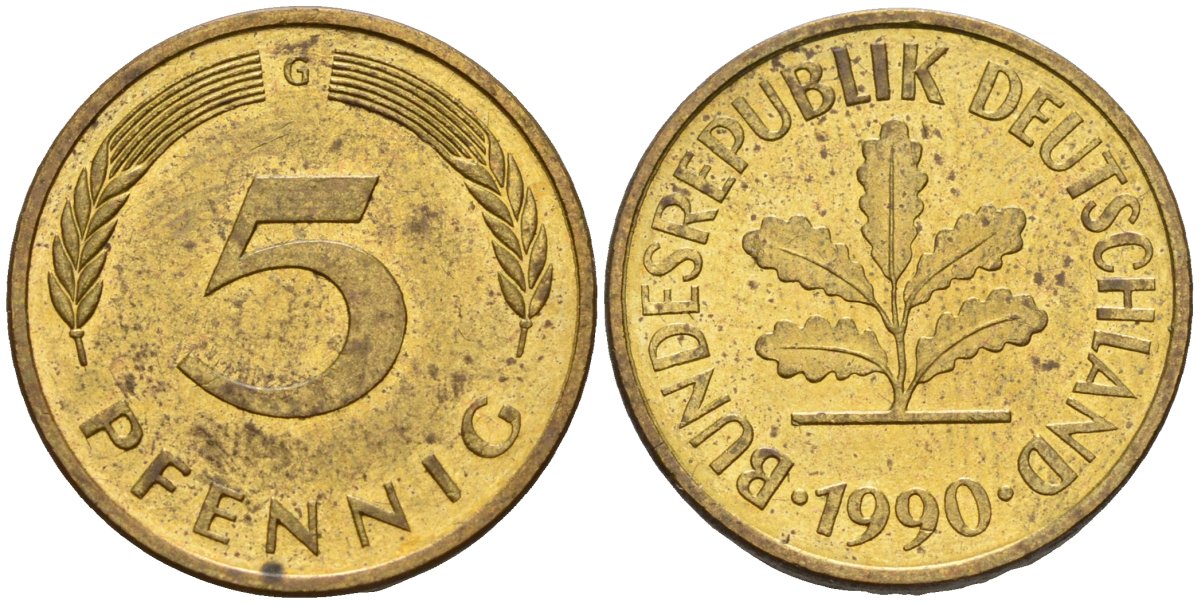 ФРГ 5 пфеннигов 1990 G KM 107, J.382 сталь плакированная латунью 4174-1069