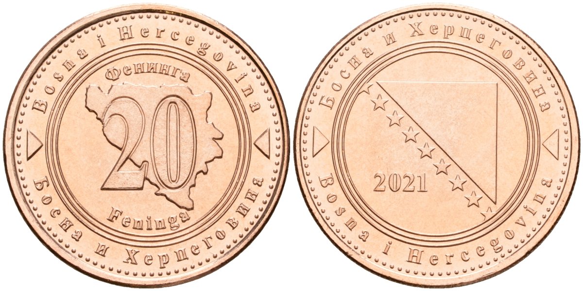 Босния и Герцеговина 20 фенигов 2021 KM 116 сталь плакированная медью UNC 4514-1035