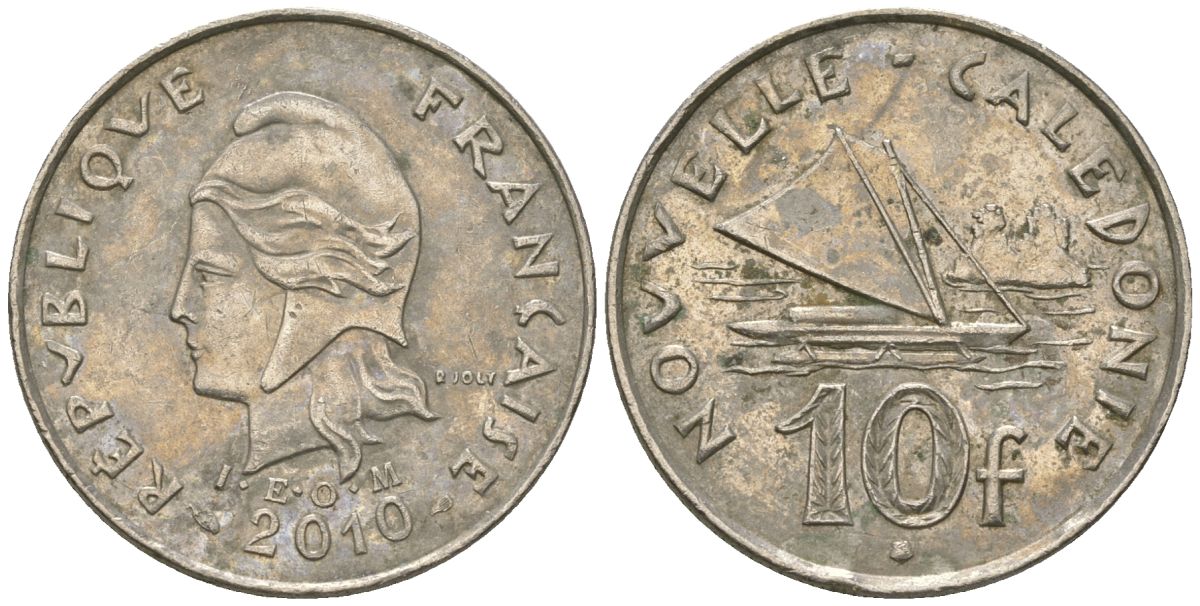 Французская Новая Каледония 10 франков 2010 рыбачья парусная лодка, (IEOM) KM 11a, Schoen 13a, Lec 99k медно-никель 3459-227