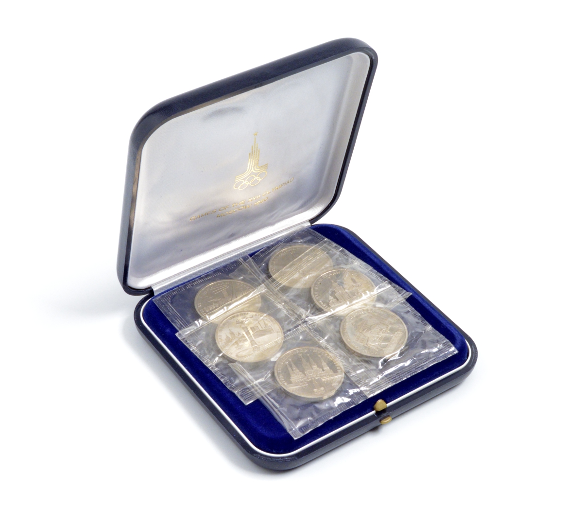 СССР набор из 6 монет по 1 рублю 1977-1980 Олимпиада 80, полный комплект (эмблема, Кремль, спутник, МГУ, факел, Долгорукий), в запайках KM 144, 153.1, 164, 165, 177, 178 медь никель цинк PROOF 2-4-2-48