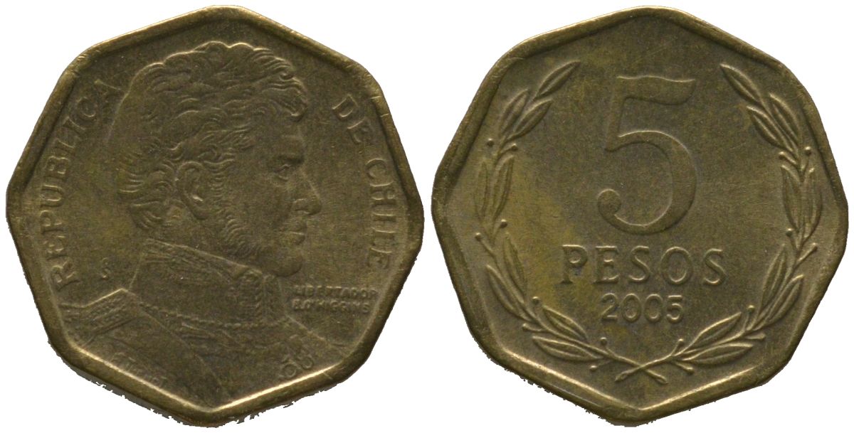 Чили 5 песо 2005 So KM 232, Schon 81 алюминиевая бронза 4387-1032