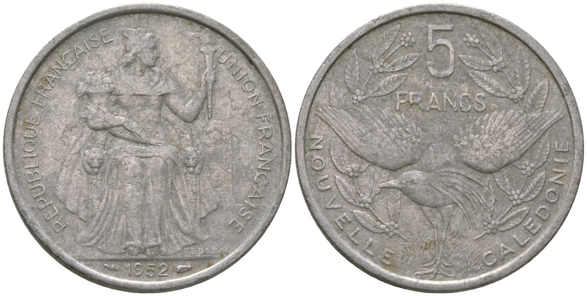 Французская Новая Каледония 5 франков 1952 птица кагу, (IEOM) KM 4, Schoen 4, Lec 71 алюминий 180-136