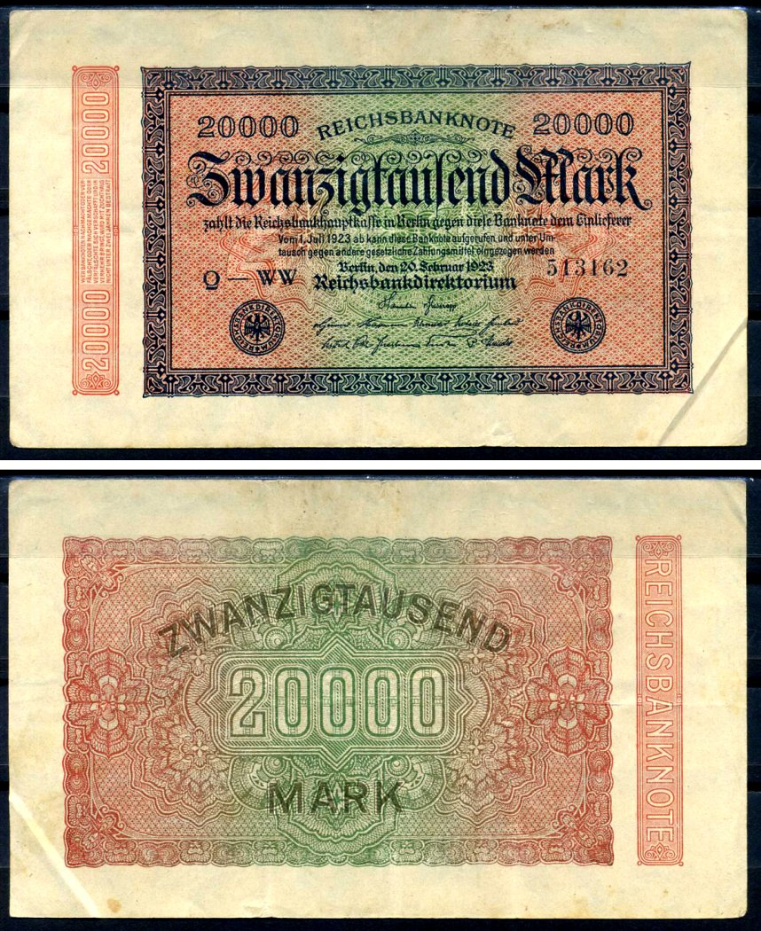 Германия 20000 марок 1923 20 февраля 1923, водяной знак E Pick 85 b бумага 8564-39-1-2