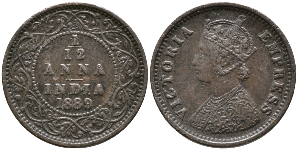 Британская Индия 1/12 анна 1889 Виктория (1837-1901) KM 483 медь 100-444
