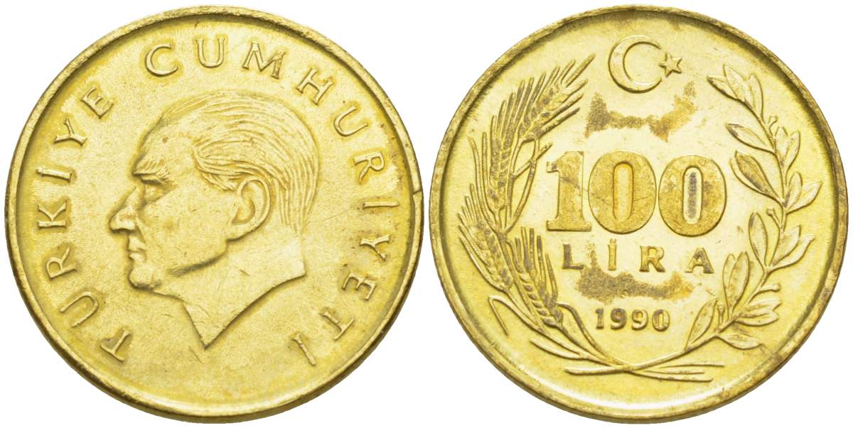Турция 100 лир 1990 Кемаль Ататюрк KM 988 алюминиевая бронза 4525-616