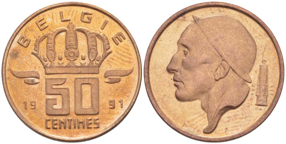 БЕЛЬГИЯ 50 САНТИМОВ 1991 BELGIE, БОДУЭН I (1951-1993) KM 149.1 бронза 214-652