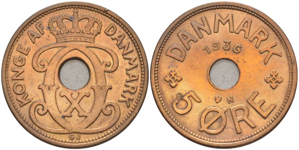 ДАНИЯ 5 ЭРЕ 1936 N; GJ, КРИСТИАН X (1912-1947) KM 828.2 бронза 69-526