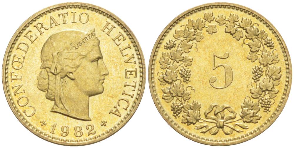 Швейцария 5 раппенов 1982 KM 26с алюминий латунь 105-849