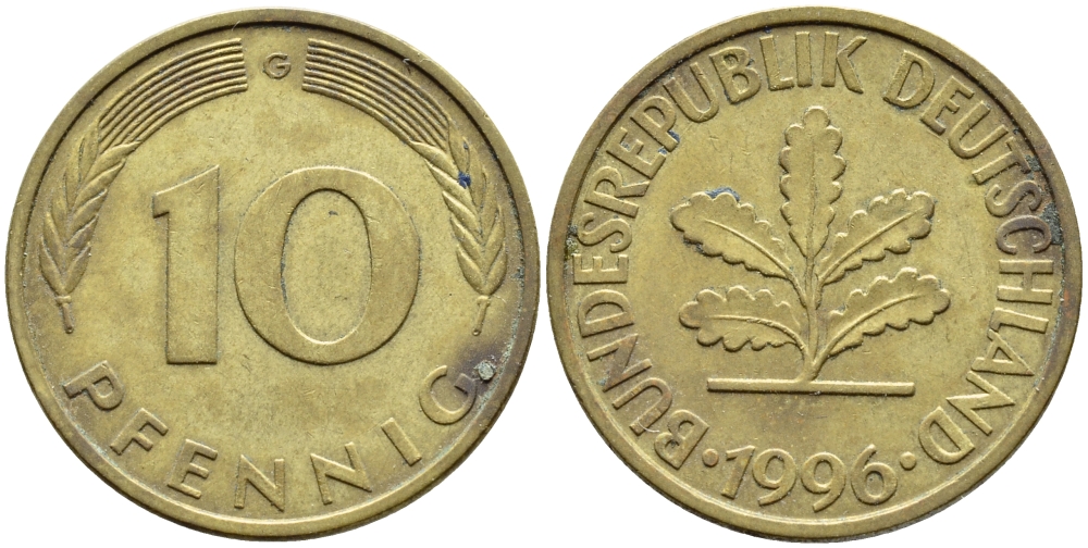 ФРГ 10 ПФЕННИГОВ 1996 G KM 108, J.383 сталь плакированная латунью 4393-143