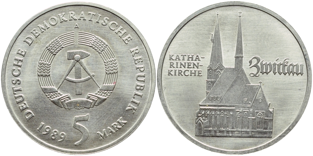ГДР 5 марок 1989 A, Катариненкирхе в Цвиккау КМ 129 медь цинк никель UNC 4394-236