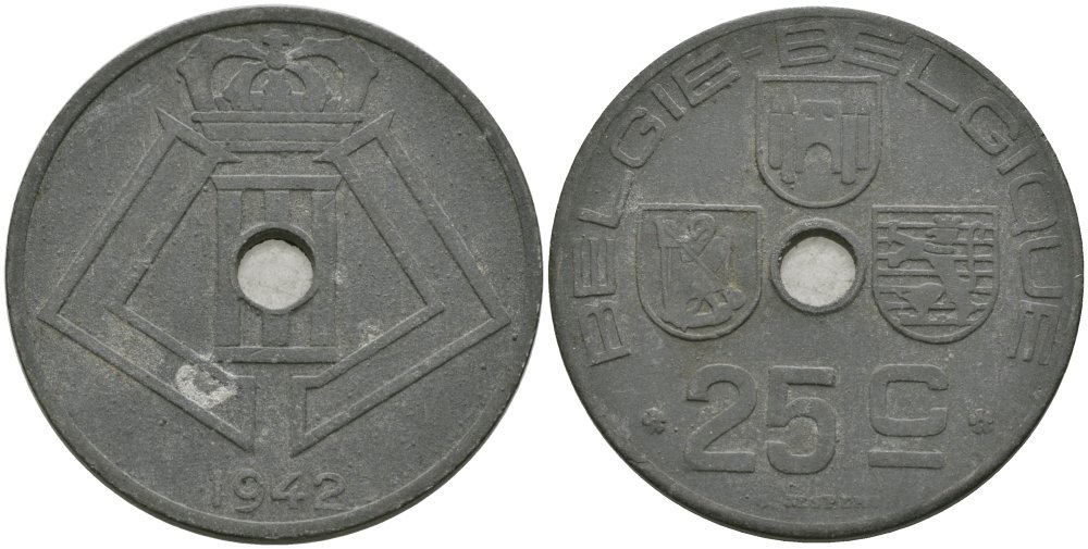 Бельгия 25 сантимов 1942 Belgie-Belgique, Леопольд III (1934-1947) KM 132 цинк 4579-243