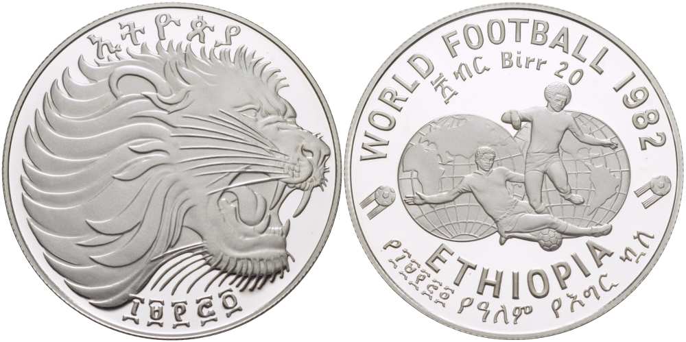 Эфиопия 20 быров 1982 чемпионат мира по футболу в Испании 1982 года KM 65 серебро PROOF 01-150-33