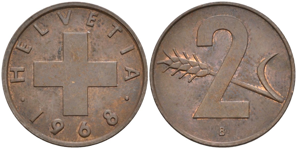 Швейцария 2 раппена 1968 В KM 47 бронза 4582-826