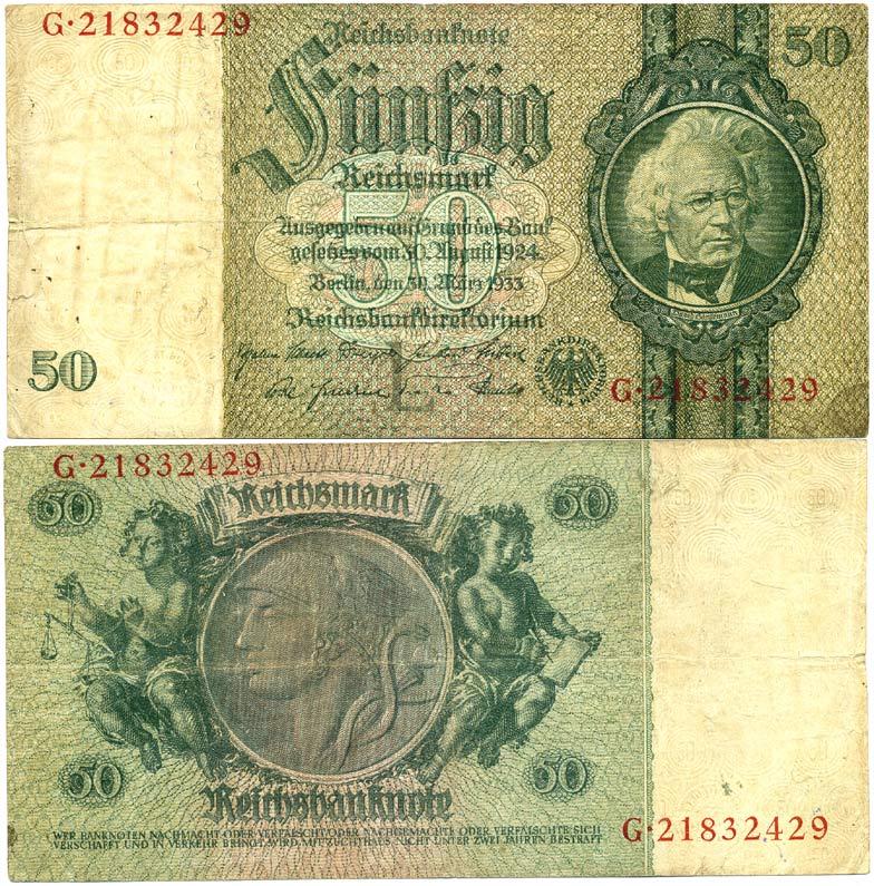 Германия 50 рейхсмарок 1933 Давид Ганземан, 8 цифр в номере, буква L Pick 182a  бумага   3295-55-2-1