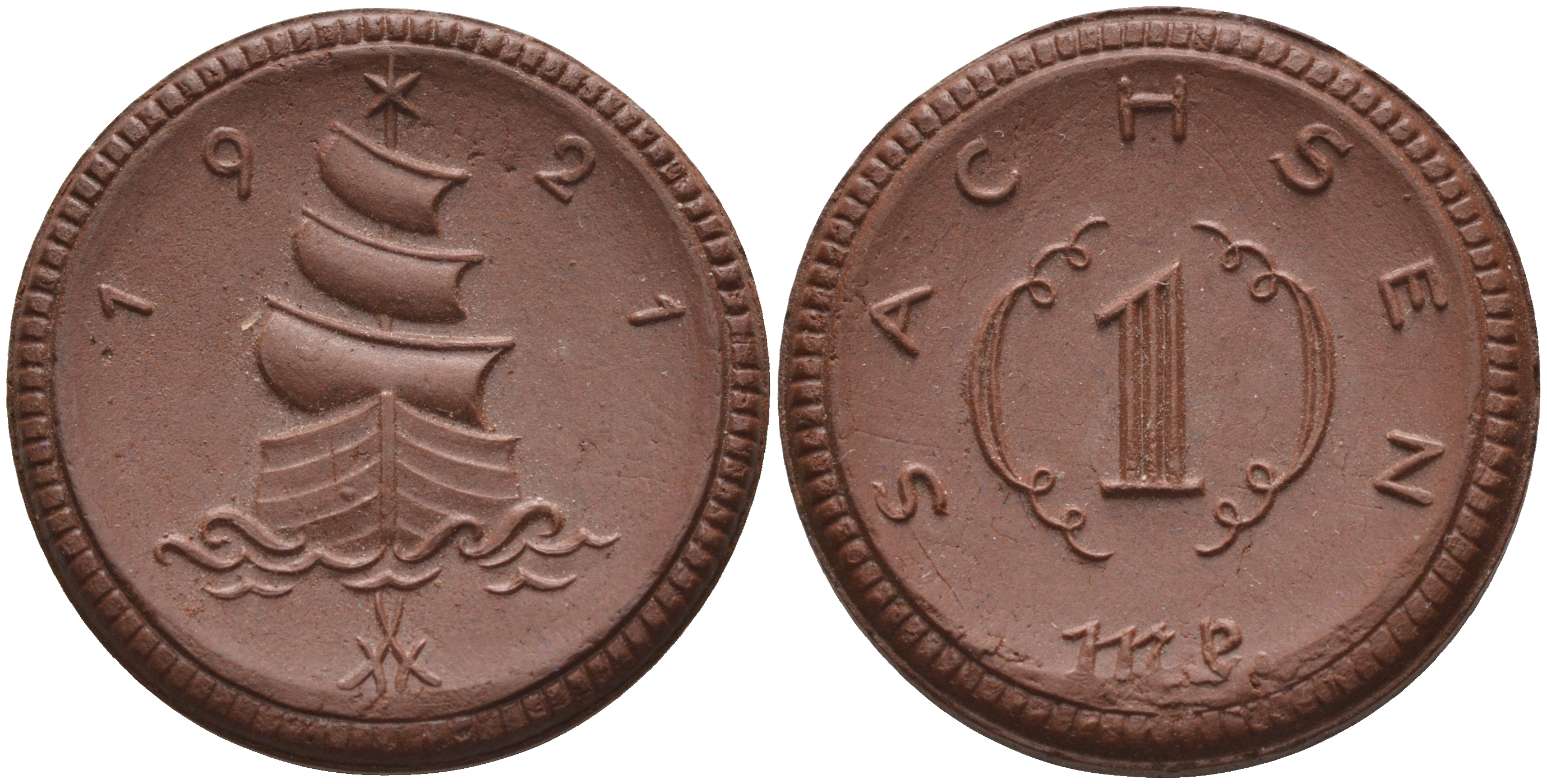 Саксония 1 марка 1921 парусник J. N 55 фарфор 1094-4-72