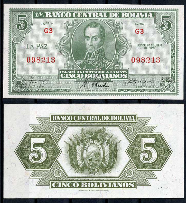 Боливия 5 боливиано 1928 Симон Боливар, серия G3 Pick 129 (2)  бумага   7217-98-1-2