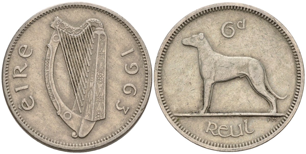 Ирландия 6 пенсов 1963 ирландский волкодав KM 13a медно-никель 4146-453