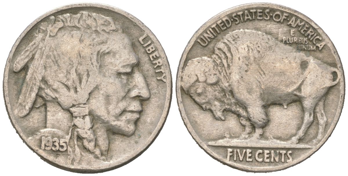США 5 центов 1935 индеец, бизон KM 134 медно-никель 4614-1154