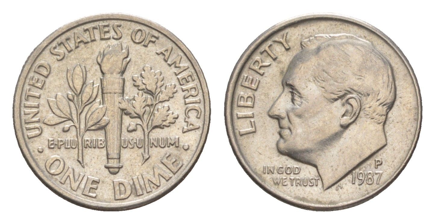 США 1 дайм (10 центов) 1987 P, президент Рузвельт KM 195a медь плакированная медно-никелем 4649-1252