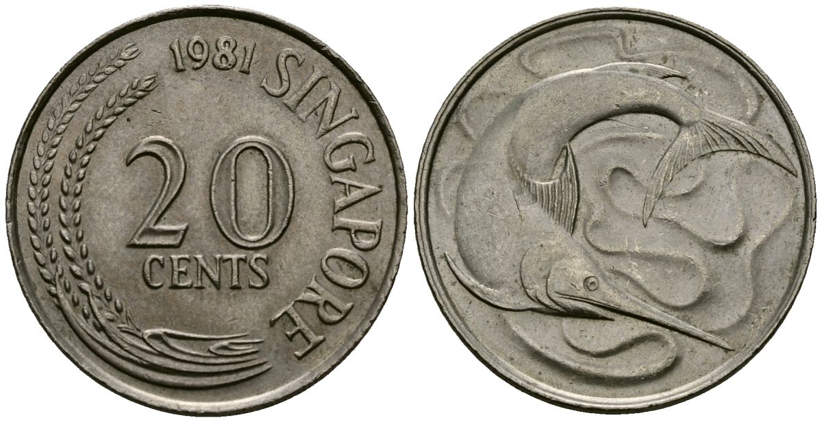 Сингапур 20 центов 1981 голубой марлин, тунец KM 4 медно-никель 4138-953