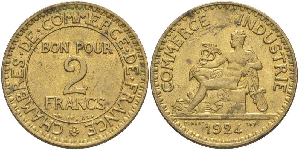 ФРАНЦИЯ 2 ФРАНКА 1924 ТИП CHAMBRES DE COMMERCE KM 877, LE FRANC 267.6 алюминиевая бронза 69-1211