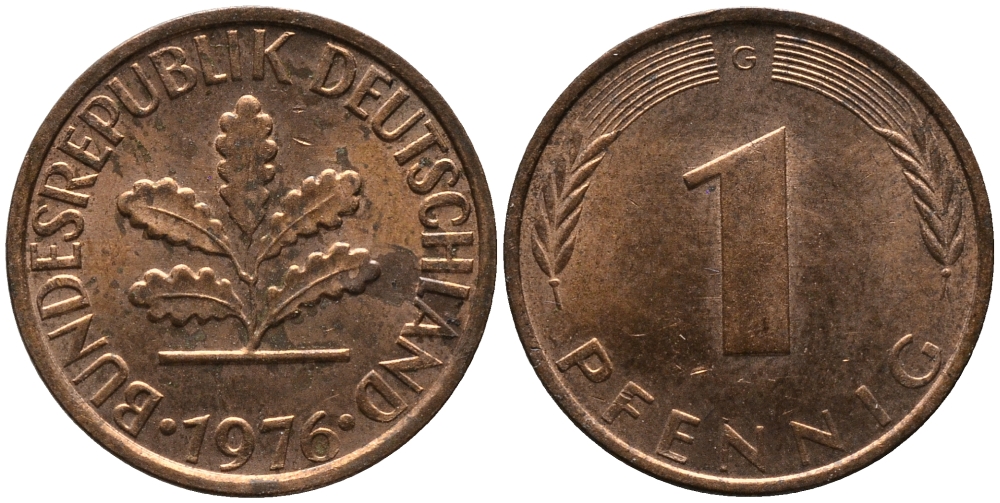 ФРГ 1 пфенниг 1976 G KM 105, J.380 сталь плакированная медью 99-335
