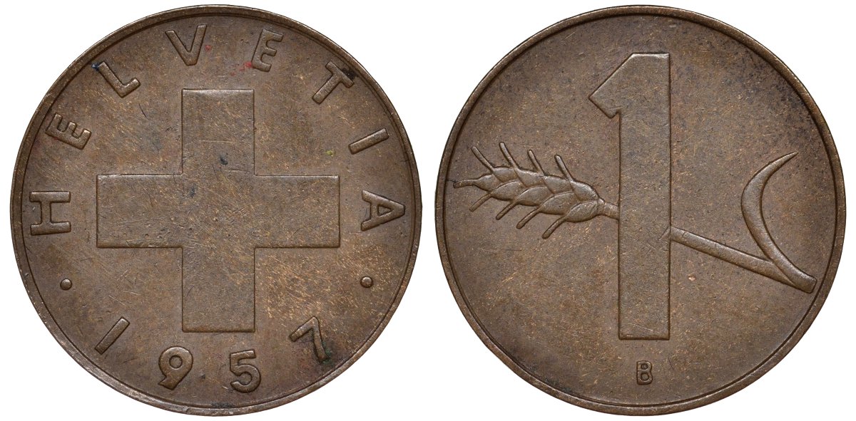 Швейцария 1 раппен 1957 KM 46 бронза 4174-138