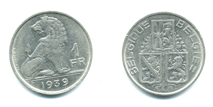 Бельгия 1 франк 1939 Леопольд III (1934-1950), Belgique-Belgie, лев KM 119 никель 25-416